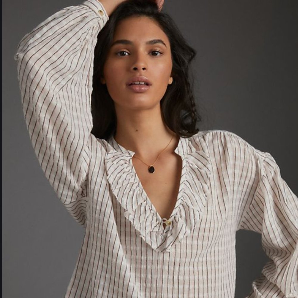 NWT Pilcro Ruffled Checked Shirt, striped v-neck M